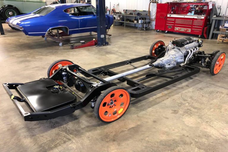 Custom 1969 SS Chevelle Pro Touring muscle car powder coated Roadster Shop Chassis and body on lift